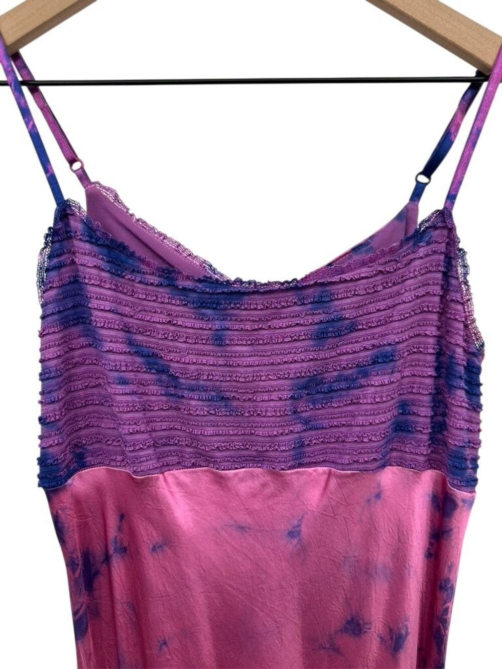 Vintage 90s Monah Li Tie-Dye Silk Slip Dress With Lace Velvet Pink & Purple - Picture 3 of 16